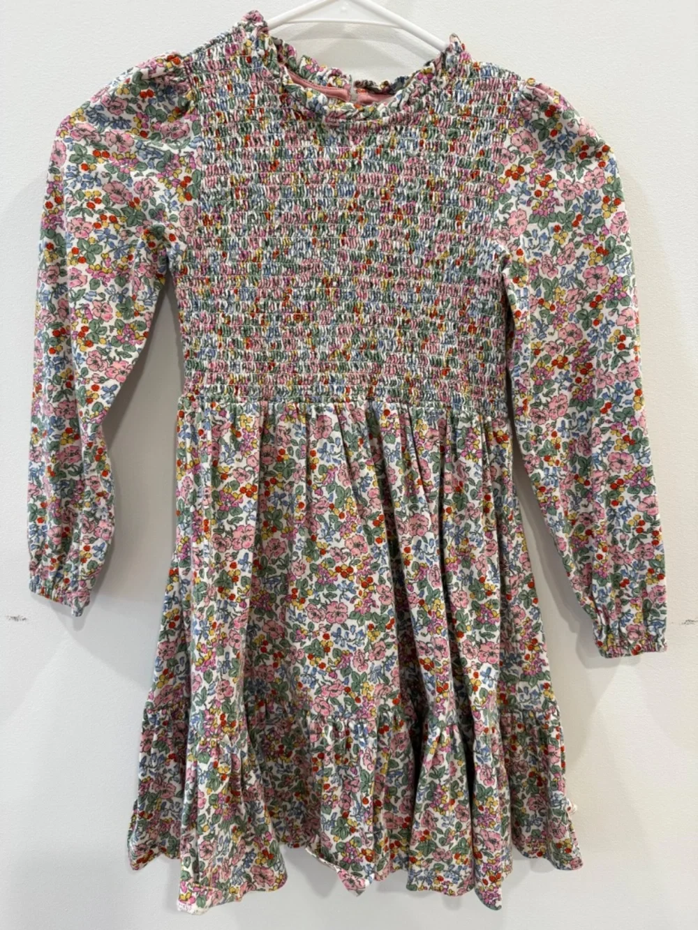 Mini Boden - Pink Berry Floral Aurora Smocked Long Sleeve Dress, Size 8-9y